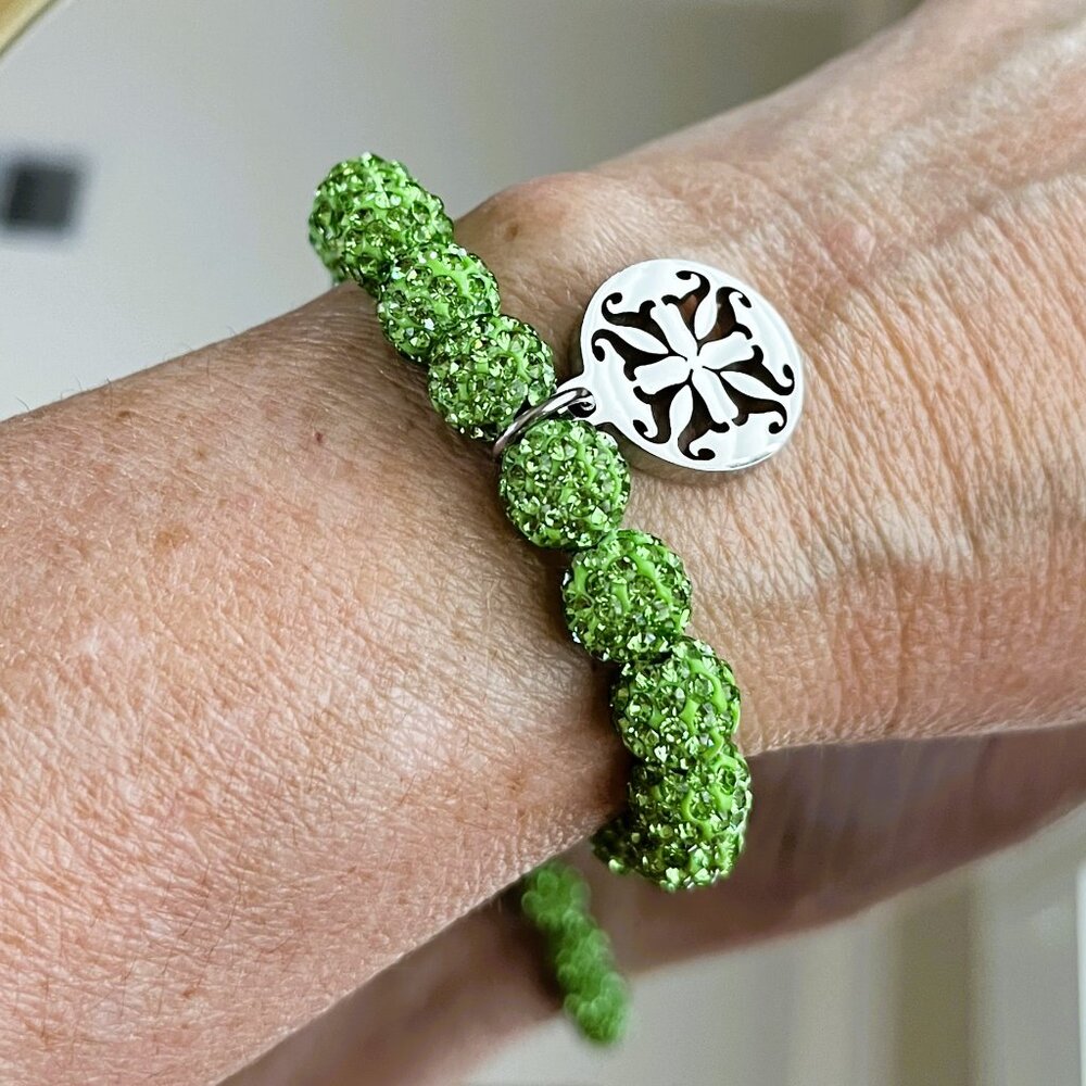 Rustic Cuff Metal Stainless Steel Shambala Beaded Stretch Bracelet Green
